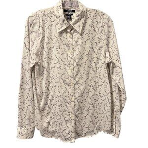 Chaps Womens No Iron Button-Up Shirt Sz  M White Floral 100% Cotton Long Sleeve